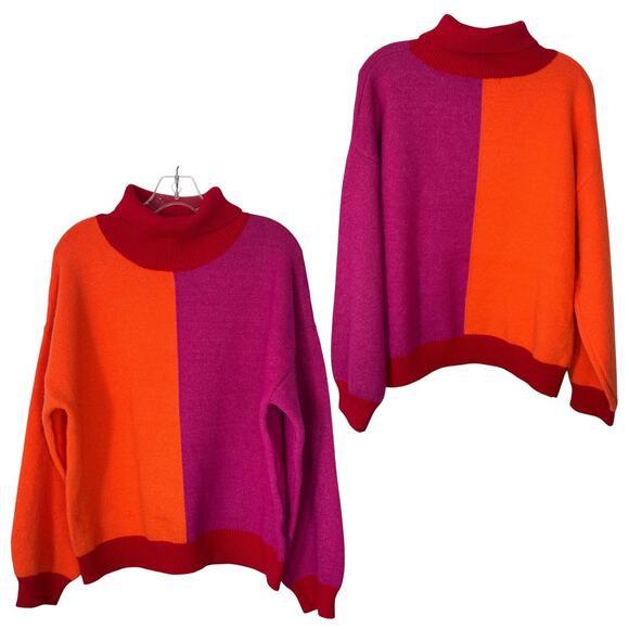 Colorblock Pink Orange Turtleneck Sweater Disco Neon Dopamine Glam Rock Women L - Picture 2 of 10